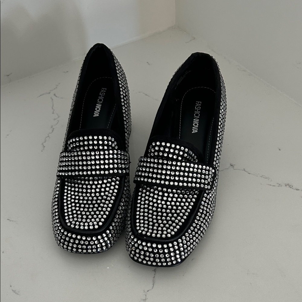 Fashion Nova Black and Silver Embellished Flats